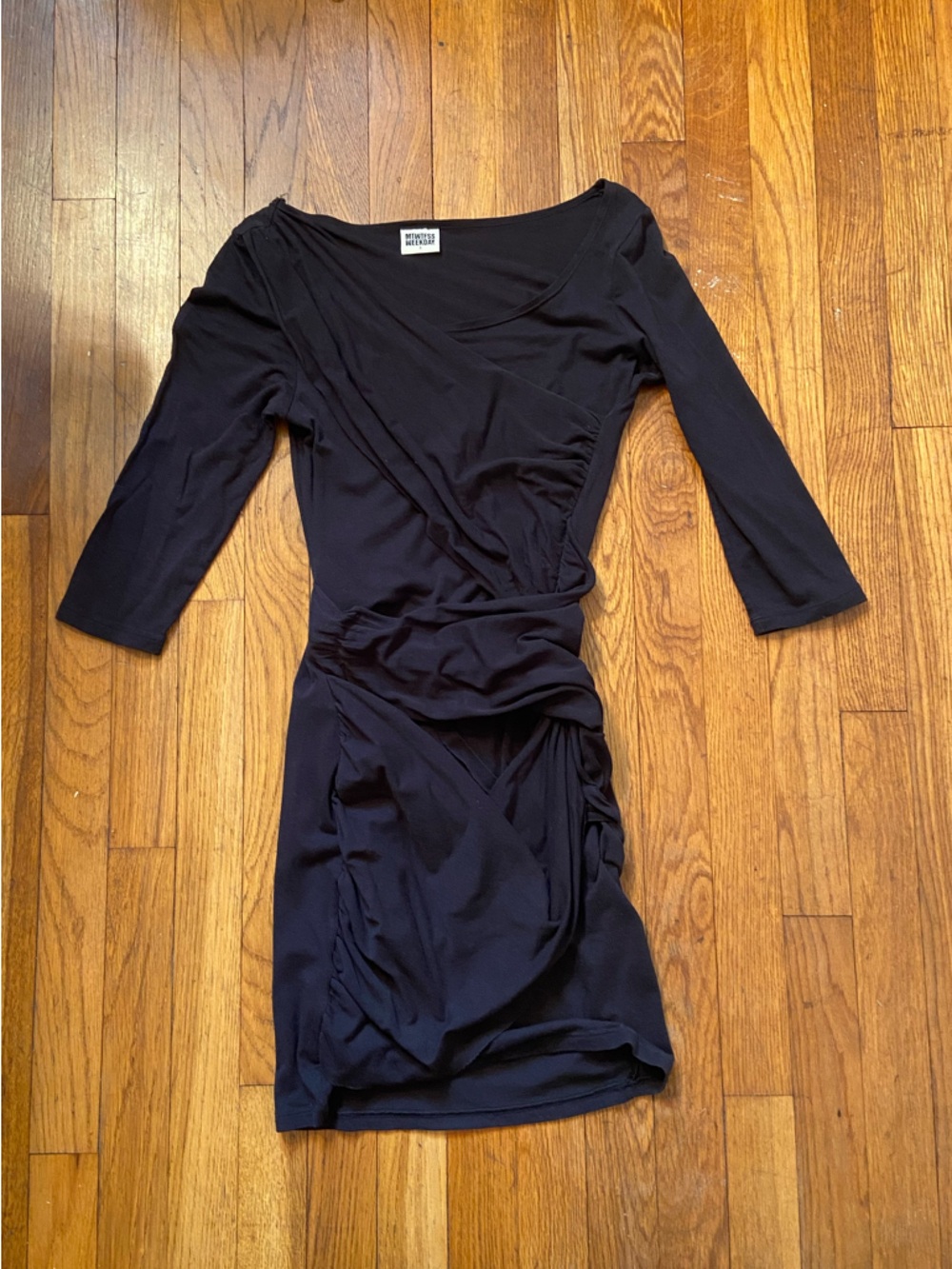Weekday Black Ruched Mini Wrap-Style Dress